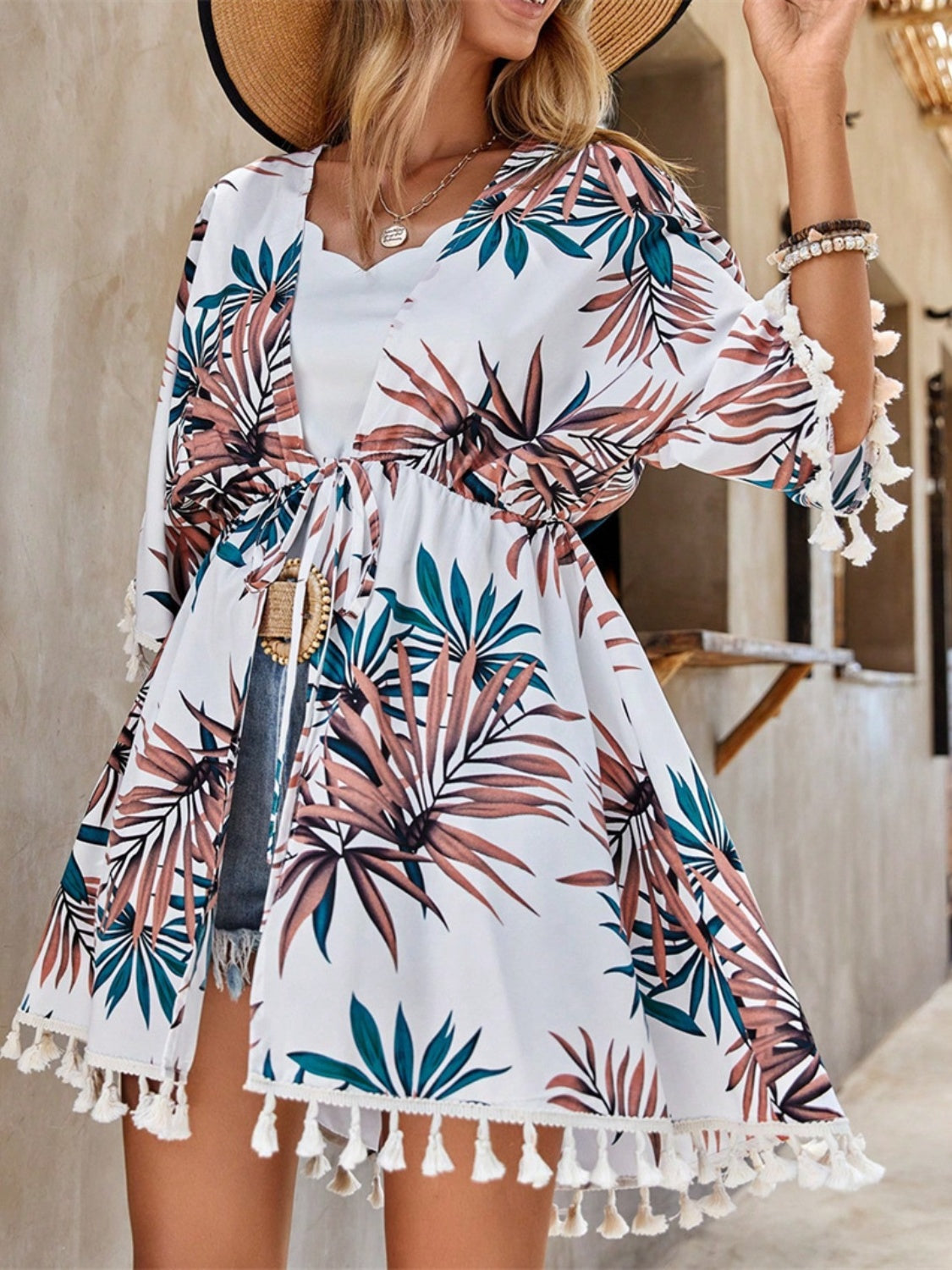 Tassel Tied Printed Half Sleeve Cover Up