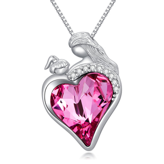 Mother Daughter Necklace 925 Sterling Silver Mother and Child Love Heart Crystal Pendant Necklace