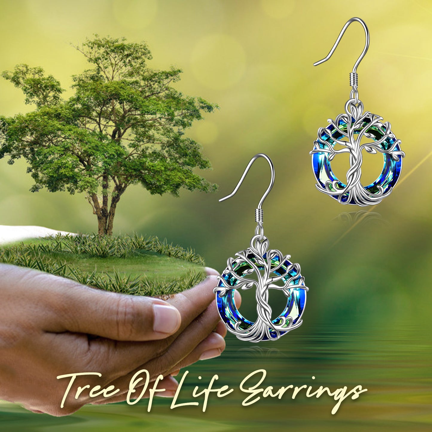 Tree of Life Earrings Sterling Silver Dangle Drop Earrings with Blue Circle Crystal Fashion Jewelry