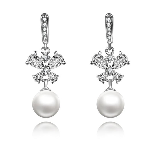 Butterfly Earrings Sterling Silver Cubic Zirconia Dangle Drop Earrings with Pearl