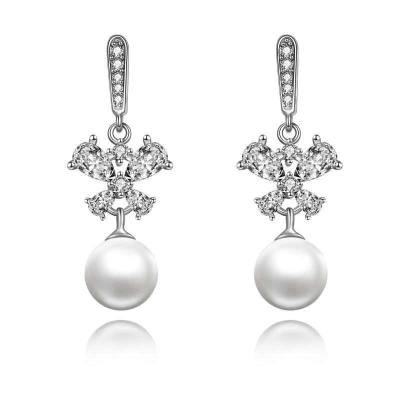 Butterfly Earrings Sterling Silver Cubic Zirconia Dangle Drop Earrings with Pearl