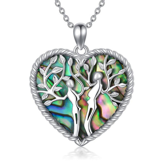 925 Sterling Silver Tree of Life Necklace Abalone Shell Two Jack Skulls Jewelry