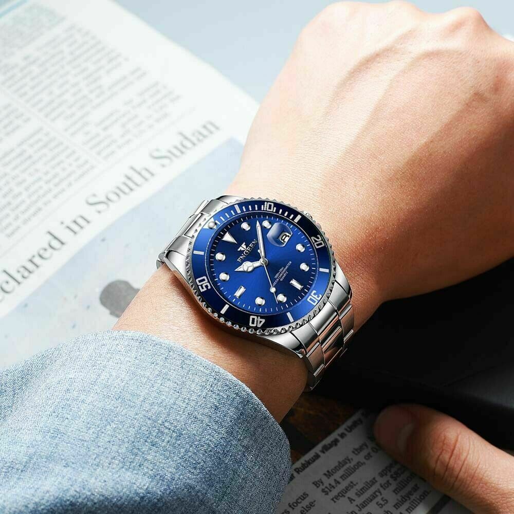 Fashion Men Watch Stainless Steel Analog Quartz Classic Male Wristwatch, Blue