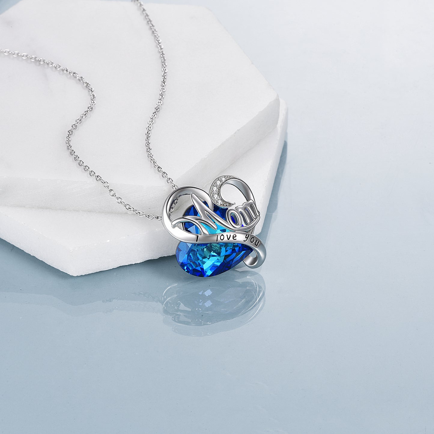 Mom Necklace 925 Sterling Silver with Blue Heart Crystals Mothers Jewelry Gifts