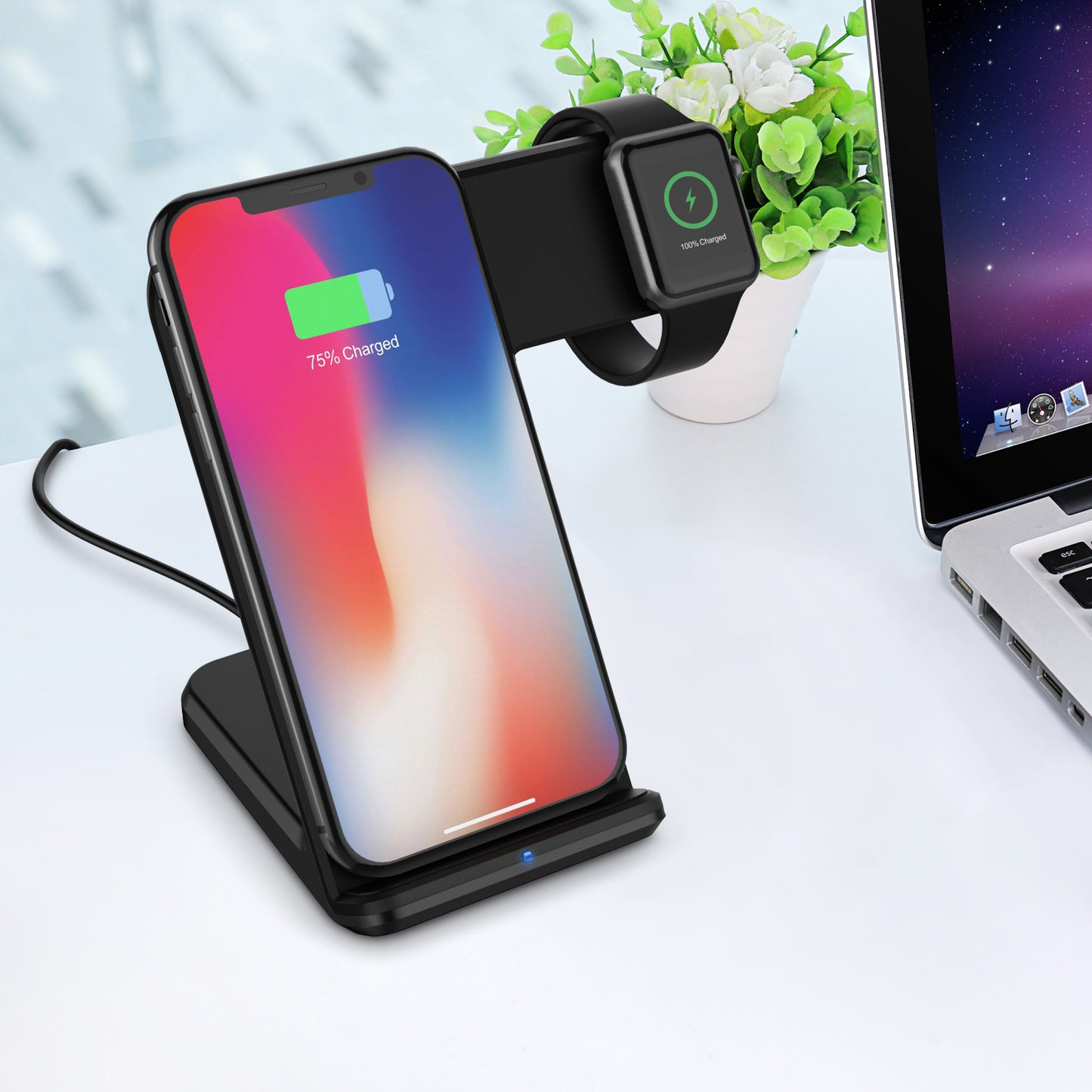 2in1 10W Qi Wireless Fast Charger Holder Stand for Apple Watch iPhone8 X