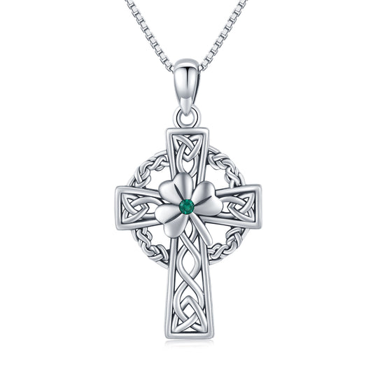 Celtic Cross Necklace 925 Sterling Silver Good Luck Clover Necklace Irish Celtic Knot Cross Vintage Shamrock Celtic Jewelry Gift