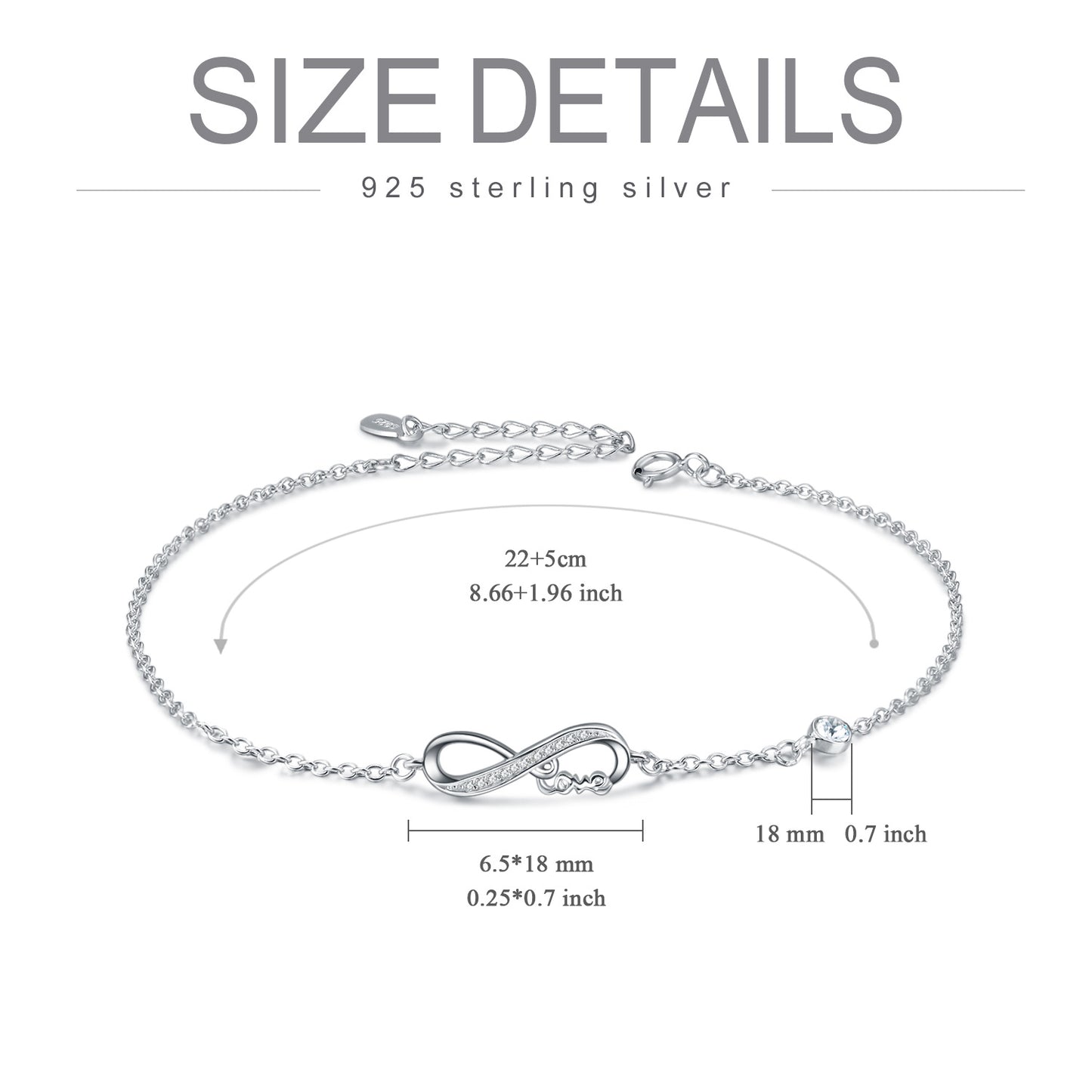 Infinity Anklet Bracelet for Women 925 Sterling Silver Charm Adjustable Anklet