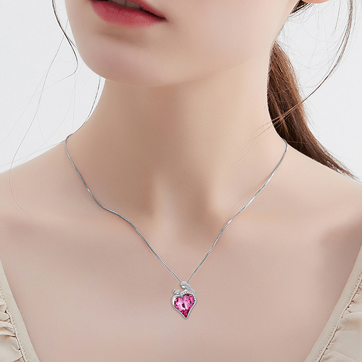 Mother Daughter Necklace 925 Sterling Silver Mother and Child Love Heart Crystal Pendant Necklace