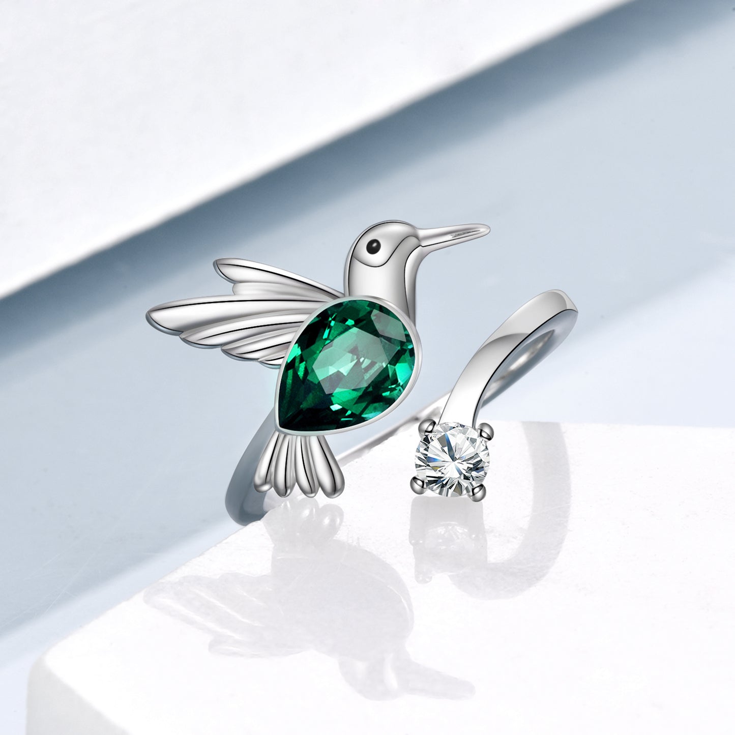 Emerald Green May Birthstone Crystal Ring for Mom Birthday, Sterling Silver Hummingbird Womens Ring Jewelry Gifts