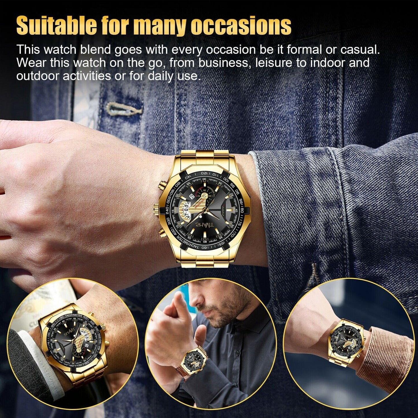 Gold Men's Watch Classic Stainless Steel Quartz Luxury Gift Wristwatch For MEN