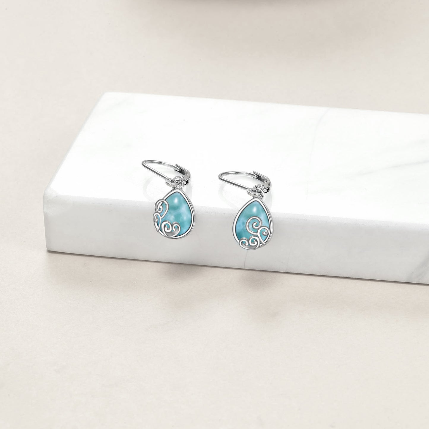 Larimar Teardrop Earrings Cage Filigree Dangle Drop Earrings