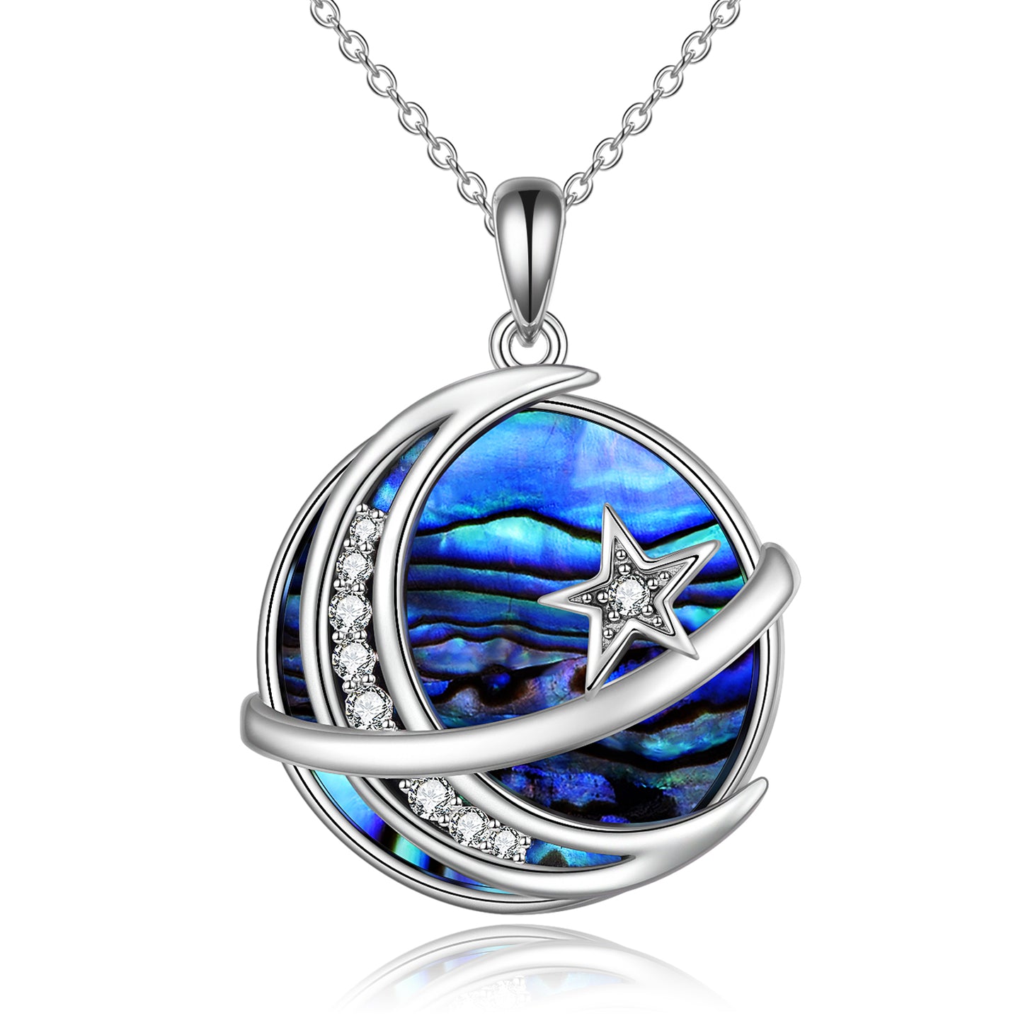 Star Moon Necklace Sterling Silver Galaxy Space Saturn Pendant Abalone Shell Jewelry