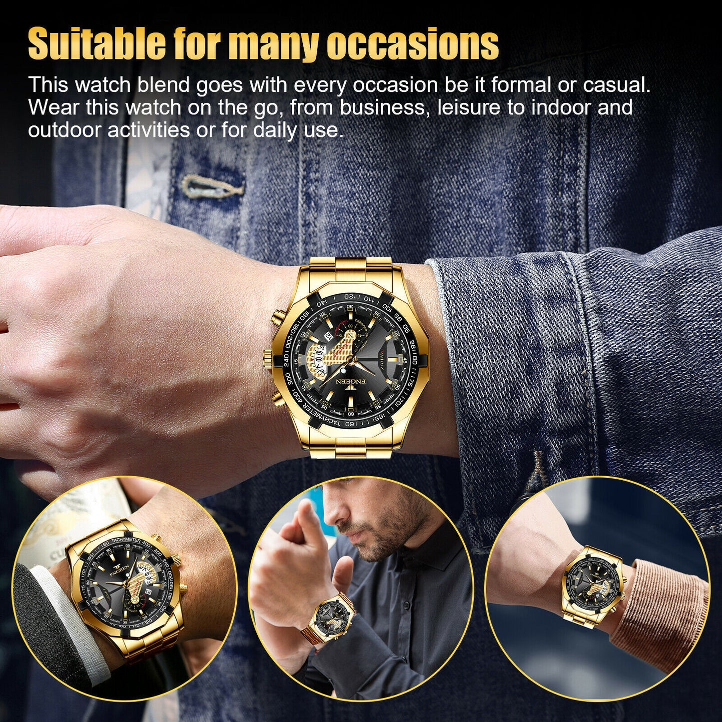 Waterproof Gold Men's Watch Classic Stainless Steel Quartz Wristwatch For Men