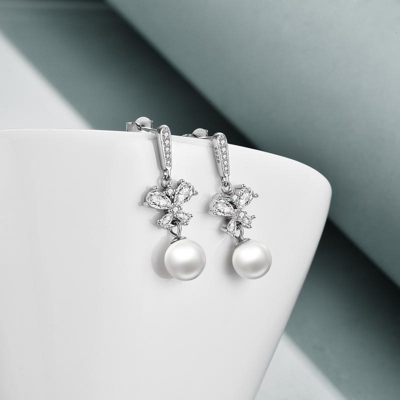 Butterfly Earrings Sterling Silver Cubic Zirconia Dangle Drop Earrings with Pearl